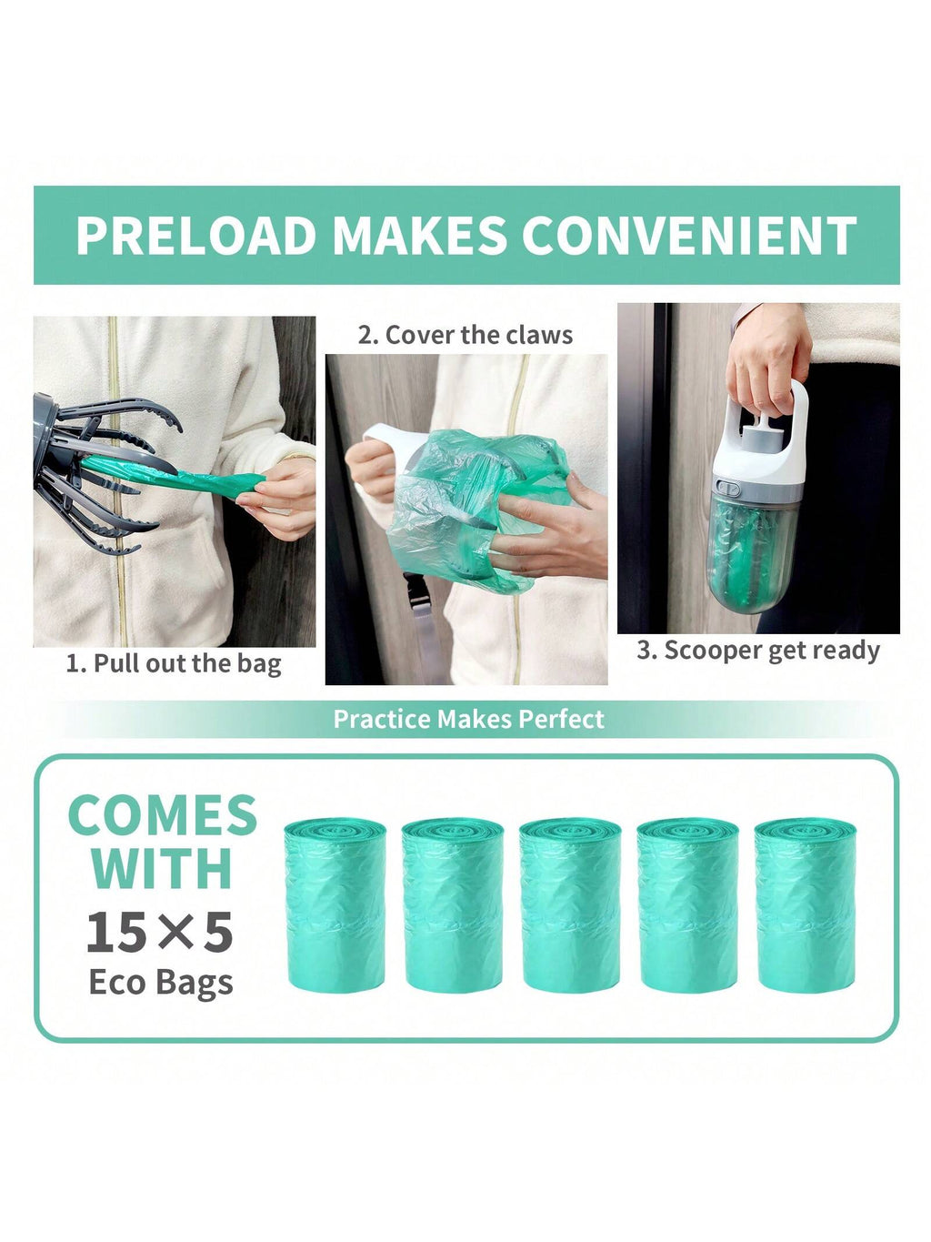 Dog Pooper Scooper, Portable 2 In 1 No Touch Poop Scooper For Small Medium Large Dogs, Claw Wide 6.2'' Dog Waste Pick-Up Cleaner With 75PCS Bag Attachment