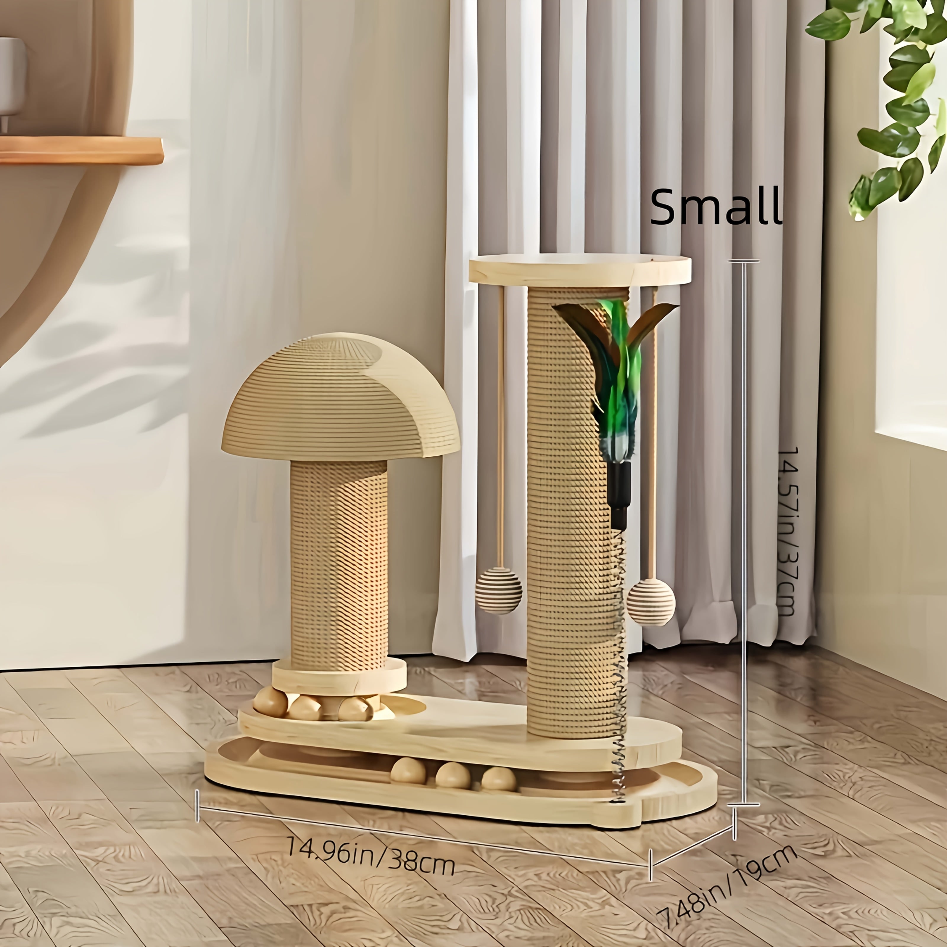 Compact Cat Tree with Sisal Scratching Post, Mushroom Hideaway, Track Balls and Small or Large Size Options