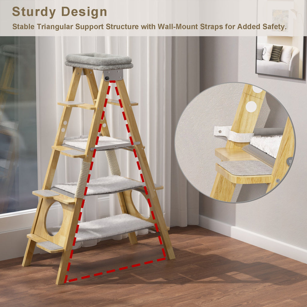 GDLF Modern Solid Wood Cat Tree Foldable Ladder Design with Cat Hammock & Sisal Scratch Post Easy Clean 60"H