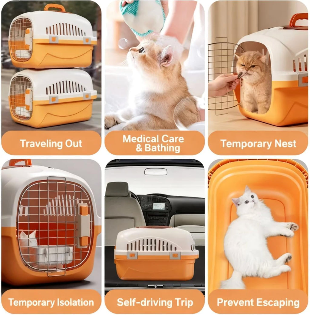 Hard Top Load Cat Carrier,Airline Pet Carrier,Cat Carrier Hard Shell, 360° Ventilation, Front Metal Door, Secure Latches,Includes Feather Wand,Hiking Car Travel Crate for Cats Small Dogs (Gray Set)